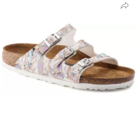 Birkenstock Shoes - Birkenstock Floral Print Three-Strap Slide Sandals in Pastel.very Good Condition